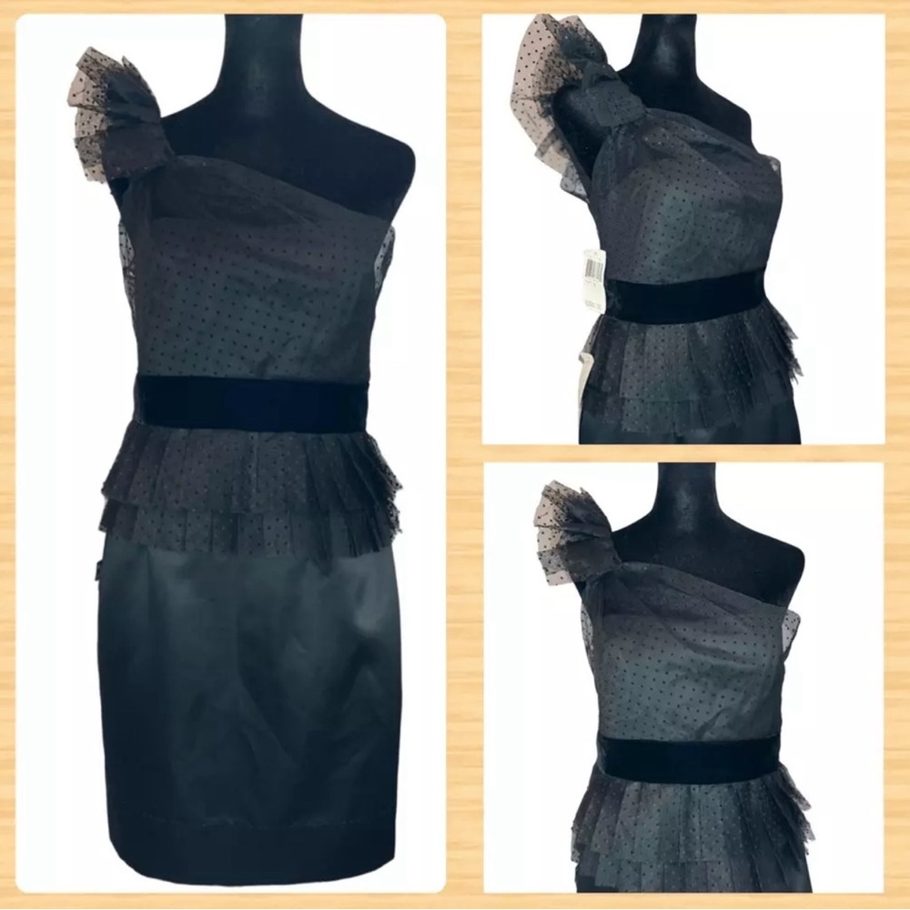 Phoebe Couture Saks Fifth Avenue black satin one shoulder cocktail dress 12